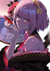 Rule 34 | 1girl, absurdres, alcohol, babyg wong, bare shoulders, black kimono, cup, flower, hair flower, hair ornament, hairband, highres, holding, holding cup, hololive, hololive english, japanese clothes, kimono, looking at viewer, mori calliope, mori calliope (new year), neck tassel, off with their heads, official alternate costume, official alternate hairstyle, pink eyes, pink hair, red nails, sakazuki, sake, short hair, solo, spilling, upper body, virtual youtuber, window