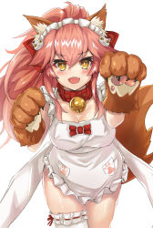 Rule 34 | 1girl, animal ear fluff, animal ears, animal hands, apron, bell, blush, breasts, cat hair ornament, cat paws, cleavage, collar, fangs, fate/grand order, fate (series), fox ears, fox girl, fox tail, frilled apron, frills, gloves, hair ornament, hair ribbon, highres, jingle bell, large breasts, long hair, naked apron, nearly naked apron, neck bell, open mouth, paw gloves, pink hair, ponytail, red ribbon, ribbon, simple background, solo, tail, tamamo (fate), tamamo cat (fate), tamamo cat (third ascension) (fate), white apron, white background, yahan (mctr5253), yellow eyes