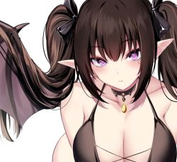Rule 34 | 1girl, bat wings, black choker, black ribbon, breasts, brown hair, choker, cleavage, collarbone, commentary request, hair ribbon, large breasts, looking at viewer, original, pointy ears, purple eyes, ribbon, simple background, solo, spider apple, twintails, upper body, white background, wings