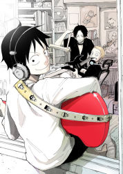 Rule 34 | 3boys, alternate costume, black hair, blonde hair, brothers, computer, freckles, guitar, headphones, instrument, jewelry, jolly roger, keyboard, male focus, monkey d. luffy, multiple boys, necklace, one piece, open collar, portgas d. ace, poster (medium), record, sabo (one piece), shueisha, siblings, sitting, smile, wachiko (m8652), window