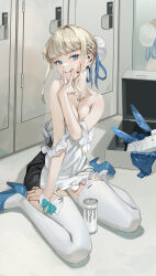 Rule 34 | 1girl, absurdres, animal ears, apron, bare shoulders, blonde hair, blue archive, blue eyes, blue footwear, blue ribbon, breasts, bun cover, can, collarbone, commentary request, energy drink, fake animal ears, frilled apron, frills, gun, hair intakes, hair ribbon, headset, high heels, highres, indoors, korean commentary, locker, locker room, looking at viewer, medium breasts, midfinger, mirror, monster energy, multicolored hair, reflection, ribbon, sitting, solo, streaked hair, thighhighs, thighs, toki (blue archive), wariza, weapon, white apron, white thighhighs