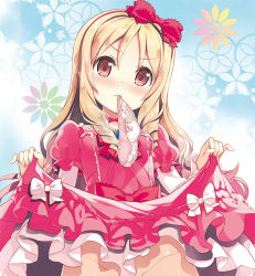 Rule 34 | &gt;:(, 10s, 1girl, blonde hair, blush, bow, breasts, brown eyes, closed mouth, clothes lift, commentary request, criss-cross halter, dress, dress lift, drill hair, eromanga sensei, floral background, frown, fujima takuya, gradient background, groin, hair bow, hairband, halterneck, layered sleeves, lifting own clothes, long hair, long sleeves, looking at viewer, mouth hold, out-of-frame censoring, panties, unworn panties, petticoat, pink dress, pink panties, puffy short sleeves, puffy sleeves, red bow, red hairband, short over long sleeves, short sleeves, small breasts, solo, tareme, twin drills, underwear, upper body, v-shaped eyebrows, very long hair, white bow, yamada elf