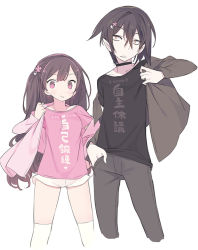 Rule 34 | 1boy, 1girl, :&gt;, black choker, black hair, black pants, black shirt, blade (galaxist), blush, brown eyes, brown hair, choker, closed mouth, clothes writing, collarbone, earrings, flower, hair between eyes, hair flower, hair ornament, height difference, jacket, jewelry, killian phegor, kneehighs, long hair, looking at viewer, matching outfits, pants, parted lips, pink eyes, pink jacket, pink shirt, pointy ears, pop-up story, purple eyes, serizawa shion, shinigami, shirt, short shorts, short sleeves, shorts, smile, socks, very long hair, white background, white shorts, white socks, yellow eyes
