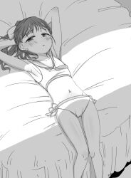 Rule 34 | 1girl, armpits, arms behind head, bed, bed sheet, bikini, blush, bow, collarbone, commentary request, flat chest, fukuyama mai, greyscale, hair bow, half-closed eyes, idolmaster, idolmaster cinderella girls, legs, long hair, looking at viewer, lying, monochrome, navel, neckerchief, nishino hikoji, parted lips, ponytail, sailor collar, sailor swimsuit (idolmaster), solo, stomach, swimsuit, thighs