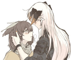 Rule 34 | 2girls, ajiajia1104, arknights, armor, blush, bracelet, breath, brown hair, brown jacket, commentary request, dragon horns, earclip, feather hair, from side, glasses, grey scarf, hand on another&#039;s head, highres, horns, jacket, jewelry, long hair, looking at another, medium hair, multiple girls, nail polish, official alternate costume, orange nails, parted lips, profile, saria (arknights), saria (the law) (arknights), scarf, shoulder armor, silence (arknights), simple background, upper body, white background, white hair