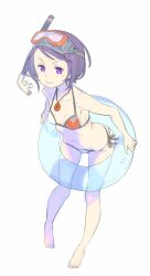 Rule 34 | 1girl, barefoot, breasts, closed mouth, enkyo yuuichirou, full body, innertube, jewelry, looking at viewer, navel, necklace, purple eyes, purple hair, short hair, simple background, small breasts, smile, snorkel, solo, summon night, summon night 2, swim ring, swimsuit, toris, white background