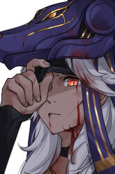 Rule 34 | 1boy, animal hat, black choker, blood, blood on face, choker, cuts, cyno (genshin impact), dark-skinned male, dark skin, dated, egyptian clothes, genshin impact, hat, injury, long hair, looking at viewer, male focus, purple hat, red eyes, signature, simple background, solo, tuanzimiao1, upper body, white background, white hair