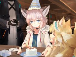 Rule 34 | 1other, 2girls, ambiguous gender, animal ear fluff, animal ears, arknights, artist name, birthday cake, black choker, black coat, black wristband, blonde hair, blue eyes, blue hairband, blue vest, blush, cake, cardigan, choker, closed eyes, closed mouth, coat, collarbone, commentary, cross, doctor (arknights), food, fox ears, fox girl, fox tail, frilled hairband, frills, genjaku, hairband, happy birthday, hat, highres, hood, hood down, hooded coat, indoors, infection monitor (arknights), kitsune, kyuubi, lab coat, long hair, long sleeves, material growth, multicolored hair, multiple girls, multiple tails, official alternate costume, open mouth, oripathy lesion (arknights), party hat, pink hair, red cross, short hair, sussurro (arknights), suzuran (arknights), suzuran (spring praise) (arknights), tail, twitter username, two-tone hair, vest, white coat, white hair, yellow cardigan