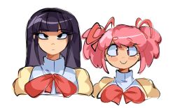 Rule 34 | 2girls, akemi homura, black eyes, black hair, bow, bowtie, commentary, english commentary, kaname madoka, long hair, looking at viewer, m0nacrose, mahou shoujo madoka magica, mahou shoujo madoka magica (anime), mitakihara school uniform, multiple girls, pink eyes, pink hair, puffy sleeves, red bow, red bowtie, school uniform, short twintails, simple background, smile, twintails, upper body, white background