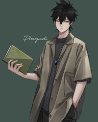 Rule 34 | 1boy, absurdres, baggy clothes, black clover, black hair, book, buttons, collared shirt, green background, grey shirt, hair between eyes, hand in pocket, highres, holding, holding book, jewelry, long bangs, looking at viewer, male focus, open clothes, open shirt, parted lips, pendant, prayudi555, shirt, short hair, signature, solo, yellow eyes, yuno (black clover)