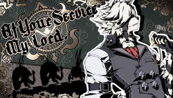 1boy absurdres all-out_attack animal_ear_fluff animal_ears belt black_gloves black_vest body_fur buttons english_text fang fingerless_gloves furry furry_male gloves hair_over_eyes highres holding holding_pocket_watch jfzm001 male_focus parody persona persona_5 pocket_watch shirt short_hair vest von_lycaon watch white_fur white_hair wolf_boy wolf_ears zenless_zone_zero