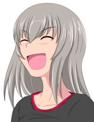 Rule 34 | 1girl, :d, black shirt, casual, closed eyes, commentary, girls und panzer, grey hair, itsumi erika, medium hair, open mouth, portrait, shirt, simple background, smile, solo, tanaka rikimaru, white background