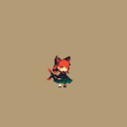 Rule 34 | 1girl, animal ears, animated, animated png, bow, braid, brown background, cat ears, cat tail, dress, extra ears, flaming skull, green bow, green dress, hair bow, kaenbyou rin, lowres, multiple tails, nekomata, pixel art, red eyes, red hair, skull, solo, tail, tea basira, touhou, twin braids, two tails