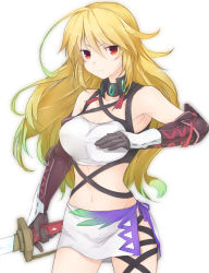 Rule 34 | 1girl, bad id, bad pixiv id, bare shoulders, blonde hair, breasts, elbow gloves, gloves, gradient hair, green hair, highres, long hair, looking at viewer, milla maxwell, minatsuki randoseru, multicolored hair, navel, red eyes, shirt, side slit, simple background, solo, strapless, sword, tales of (series), tales of xillia, taut clothes, taut shirt, tube top, two-tone hair, weapon