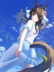Rule 34 | 1girl, ahoge, alternate costume, animal ears, ass, black hair, blue background, blue eyes, blush, breasts, buruma, cloud, commentary request, daring tact (umamusume), hair ornament, highres, horse ears, horse girl, horse tail, kashmir 0808, leg up, long hair, looking at viewer, medium breasts, original race uniform (umamusume), pantyhose, partial commentary, shoes, simple background, sky, smile, solo, star (symbol), star hair ornament, tail, umamusume, white pantyhose
