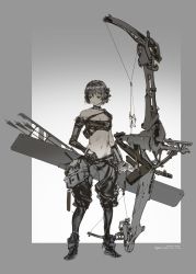 Rule 34 | 1girl, boots, bow (weapon), compound bow, elbow gloves, expressionless, female focus, full body, gloves, highres, midriff, navel, original, short hair, solo, standing, weapon, yean