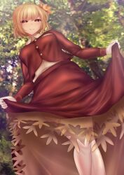 Rule 34 | 1girl, aki shizuha, buttons, closed mouth, clothes lift, commentary request, feet out of frame, forest, hair ornament, highres, leaf hair ornament, long sleeves, looking at viewer, nature, outdoors, red eyes, red shirt, red skirt, shirt, shounen (hogehoge), skirt, skirt lift, smile, solo, touhou, tree