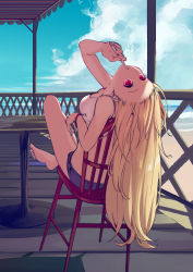 Rule 34 | 1girl, alternate costume, alternate hairstyle, azur lane, barefoot, beach, blonde hair, blue sky, brushing teeth, chair, cleveland (azur lane), cloud, commentary, crop top, day, from behind, hatski.sin, highres, indian style, leaning back, long hair, ocean, outdoors, red eyes, sand, shirt, sitting, sky, solo, straight hair, table, tank top, toothbrush, water, white shirt, wristband