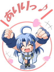 Rule 34 | 00s, 1girl, :d, ^ ^, ahoge, arms up, black gloves, blue hair, clenched hands, closed eyes, coat, d.a, fingerless gloves, foreshortening, full body, gloves, hair ornament, heart, lyrical nanoha, magical girl, mahou shoujo lyrical nanoha, mahou shoujo lyrical nanoha strikers, open mouth, reinforce zwei, short sleeves, smile, solo, standing, thighhighs, white coat, x hair ornament