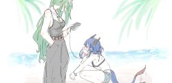 Rule 34 | 2girls, arknights, bangle, bare shoulders, beach, bead bracelet, beads, bikini, black bikini, black pants, black shirt, blue hair, blush, bracelet, breasts, cellphone, ch&#039;en (arknights), cleavage, couple, denim, denim shorts, dragon girl, dragon horns, dragon tail, earphones, eye contact, folded ponytail, green hair, hand in own hair, hand on own chin, highleg, highleg bikini, highres, holding, holding phone, horns, hoshiguma (arknights), jewelry, long hair, looking at another, looking down, looking up, mishima coco, multiple girls, pants, phone, ponytail, red eyes, shared earphones, shirt, shirt tucked in, short shorts, shorts, sidelocks, single horn, smartphone, squatting, swimsuit, tail, tail wagging, very long hair, yellow eyes, yuri