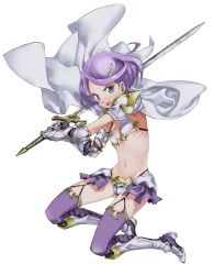 Rule 34 | armor, armored boots, bikini armor, boots, cape, cure sword, dokidoki! precure, full body, garter straps, greaves, hair ornament, kenzaki makoto, looking at viewer, navel, open mouth, precure, purple eyes, purple hair, short hair, simple background, solo, swept bangs, sword, thighhighs, weapon, white background, wind, wind lift