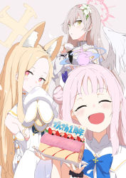 Rule 34 | 3girls, :d, absurdres, angel wings, animal ear fluff, animal ears, black neckerchief, blonde hair, blue archive, blue bow, blush, bow, cake, closed eyes, closed mouth, cruciform halo, cup, dessert, detached sleeves, dress, feathered wings, flower, food, fox ears, fruit, hair bun, hair flower, hair ornament, halo, hand on own face, highres, holding, holding cup, holding plate, light brown hair, long hair, looking at viewer, mika (blue archive), multiple girls, nagisa (blue archive), neckerchief, open mouth, orange bow, parted bangs, parted lips, plate, pre sktch, red eyes, seia (blue archive), simple background, single hair bun, sleeve bow, sleeveless, sleeveless dress, sleeves past fingers, sleeves past wrists, smile, strawberry, swiss roll, teacup, upper body, very long hair, white bow, white dress, white wings, wings, yellow eyes