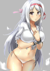 Rule 34 | 10s, 1girl, breast hold, breasts, brown hair, burnt clothes, collarbone, embarrassed, fingerless gloves, gloves, gluteal fold, hairband, kantai collection, long hair, looking at viewer, panties, saintshiro, shoukaku (kancolle), side-tie panties, solo, torn clothes, underwear, wavy mouth, white background, white panties, yellow eyes