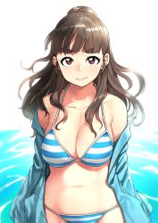 Rule 34 | 1girl, alternate costume, bare shoulders, bikini, blunt bangs, breasts, brown hair, cleavage, collarbone, commentary request, cowboy shot, eyebrows, hair bun, idolmaster, idolmaster cinderella girls, jacket, kamiya nao, large breasts, long hair, looking at viewer, navel, off shoulder, open clothes, open jacket, outdoors, partially submerged, single hair bun, smile, solo, standing, stomach, striped bikini, striped clothes, swimsuit, tachibana roku, thick eyebrows, wading, water, wavy hair
