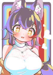 Rule 34 | 1girl, :d, animal ear fluff, animal ears, black hair, blush, breasts, brown eyes, commentary request, fangs, heart, highres, hololive, kani bonara, large breasts, multicolored hair, off shoulder, ookami mio, ookami mio (street), open mouth, rainbow background, red hair, sleeveless, sleeveless sweater, smile, solo, streaked hair, sweater, upper body, virtual youtuber, wolf ears, wolf girl