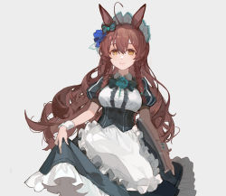 Rule 34 | 1girl, absurdres, ahoge, animal ears, apron, bow, bowtie, braid, breasts, brown hair, center frills, ciloranko, closed mouth, collared shirt, corset, ear bow, frills, green skirt, grey background, highres, holding, holding tray, horse ears, lips, long hair, looking at viewer, maid, maid headdress, medium breasts, mejiro bright (umamusume), puffy short sleeves, puffy sleeves, shirt, short sleeves, simple background, skirt, skirt hold, smile, solo, tray, umamusume, upper body, waist apron, wrist cuffs, yellow eyes