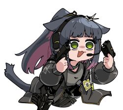 Rule 34 | 1girl, absurdres, animal ears, arknights, assault rifle, black collar, cat ears, cat girl, cat tail, collar, colored inner hair, dual wielding, finger on trigger, green eyes, grey hair, grey jacket, grey shirt, gun, guns akimbo (movie), handgun, highres, holding, holding gun, holding weapon, holster, id card, infection monitor (arknights), ingsae, jacket, jessica (arknights), jessica the liberated (arknights), long hair, long sleeves, meme, multicolored hair, official alternate costume, open clothes, open jacket, open mouth, parody, pink hair, ponytail, rifle, shirt, simple background, solo, tail, upper body, weapon, white background