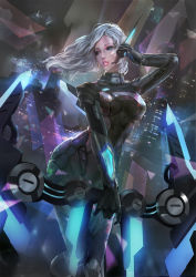 Rule 34 | 1girl, alternate costume, armor, ashe (league of legends), blue eyes, bow, cglas, city, dutch angle, gloves, league of legends, looking to the side, parted lips, project: ashe, shoulder armor, silver hair, solo, pauldrons, weapon