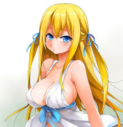 Rule 34 | 10s, 1girl, amagi brilliant park, bad id, bad pixiv id, bare shoulders, blonde hair, blue eyes, blush, breasts, cleavage, dress, hair ribbon, half updo, large breasts, long hair, looking at viewer, ribbon, sideboob, simple background, solo, strap gap, sylphy (amaburi), tsurime, two side up, white background, yostxxx