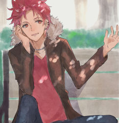 Rule 34 | 1boy, akagi toma, bad id, bad pixiv id, coat, earrings, fire emblem, jewelry, male focus, nintendo, open mouth, red eyes, red hair, sime ru, sitting, solo, tokyo mirage sessions fe