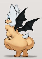 1girl animal_ears animal_nose ass bat_girl bat_tail bat_wings blush breasts full_body furry furry_female green_eyes grey_background grey_hair highres rouge_the_bat short_hair simple_background solo sonic_(series) squatting tongue tongue_out wings woolrool