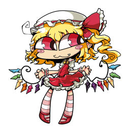 Rule 34 | 1girl, :3, blonde hair, blush stickers, chibi, flandre scarlet, full body, hat, matarou (matarou072), no nose, red footwear, shoes, sideways glance, skirt, skirt set, solo, striped clothes, striped thighhighs, thighhighs, touhou, white background, wings