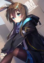 Rule 34 | 1girl, absurdres, amiya (arknights), animal ears, arknights, black jacket, blue eyes, blue skirt, blush, brown hair, brown pantyhose, closed mouth, commentary, commission, english commentary, feet out of frame, hair between eyes, highres, hood, hood down, hooded jacket, ikazu401, jacket, jewelry, leaning forward, long sleeves, pantyhose, plaid, plaid skirt, pleated skirt, ponytail, rabbit ears, ring, shirt, sitting, skirt, sleeves past wrists, smile, solo, thumb ring, white shirt