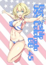 Rule 34 | 1girl, absurdres, american flag, american flag bikini, barefoot, bikini, blonde hair, blue eyes, braid, breasts, character name, colorado (kancolle), commentary request, flag background, flag print, highres, kantai collection, ken (shutenndouji1), large breasts, long hair, looking at viewer, open mouth, outstretched arms, short hair, side braids, solo, swimsuit, teeth, upper teeth only