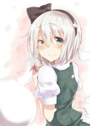 Rule 34 | 1girl, blue eyes, blush, bow, cherry blossoms, dress shirt, flower, from behind, hair bow, hairband, holding, holding flower, konpaku youmu, konpaku youmu (ghost), looking at viewer, looking back, otowa (otoha4634), petals, puffy short sleeves, puffy sleeves, ribbon, shirt, short hair, short sleeves, silver hair, simple background, skirt, skirt set, solo, tareme, touhou, vest, white background, white shirt