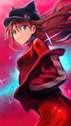 Rule 34 | 1girl, absurdres, ass, blue eyes, breasts, brown hair, cropped, evangelion: 3.0 you can (not) redo, feet out of frame, gradient background, hands on pockets, hat, highres, jacket, large breasts, looking at viewer, neon genesis evangelion, pink background, plugsuit, rebuild of evangelion, red background, smile, souryuu asuka langley, sue (frederica--bernkastel)