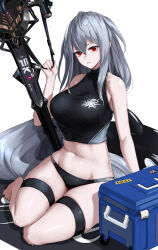Rule 34 | 1girl, abyssal hunters logo, alternate costume, arknights, bare arms, bare legs, bare shoulders, barefoot, bikini, black bikini, breasts, chaciooh, commentary request, cooler, crop top, grey hair, hair between eyes, hand up, highres, large breasts, long hair, looking at viewer, midriff, navel, no headwear, parted lips, red eyes, revision, sidelocks, signature, simple background, sitting, skadi (arknights), solo, stomach, swimsuit, sword, thigh strap, thighs, very long hair, weapon, white background, yokozuwari