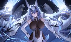 Rule 34 | 1girl, :3, absurdly long hair, absurdres, azur lane, blue eyes, blue hair, blush, bodystocking, breasts, cleavage, closed mouth, coat, coat on shoulders, collarbone, commentary, commission, covered navel, cowboy shot, dress, elbow gloves, floating hair, gloves, hair between eyes, hair intakes, hand on own hip, headgear, highres, jeze, large breasts, long hair, looking at viewer, new jersey (azur lane), pixiv commission, revision, rigging, see-through, see-through cleavage, sidelocks, smile, solo, standing, very long hair, white coat, white dress, white gloves