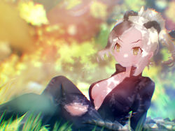 Rule 34 | 1girl, arm support, asymmetrical hair, blurry, blurry background, braid, breasts, closed mouth, collared jacket, commentary request, crocodilian tail, dappled sunlight, day, denim, eyebrows, french braid, grass, green eyes, green hair, high collar, high ponytail, highres, jacket, jeans, kemono friends, knee up, leaning back, long hair, long sleeves, looking to the side, multicolored hair, no bra, on grass, on ground, outdoors, pants, partially unzipped, saltwater crocodile (kemono friends), sarutori, sitting, slit pupils, smile, solo, stomach, sunlight, tail, torn clothes, torn jeans, torn pants, two-tone hair, zipper