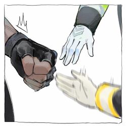 Rule 34 | 3boys, arrow (ghost k1n), black gloves, clenched hand, commentary request, fingerless gloves, flinch, ghost k1n, gloves, hand focus, hands up, highres, long sleeves, male focus, motion blur, multiple boys, original, out of frame, rock paper scissors, simple background, speed limit (ghost k1n), traffic light (ghost k1n), white background, white gloves
