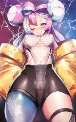 Rule 34 | 1girl, bike shorts, bow-shaped hair, breasts, character hair ornament, creatures (company), game freak, hair ornament, highres, iono (pokemon), jacket, looking at viewer, md5 mismatch, medium breasts, nintendo, oversized clothes, pink hair, pokemon, pokemon sv, resolution mismatch, see-through, sharp teeth, silly (marinkomoe), solo, source smaller, teeth, thick thighs, thigh strap, thighs, very long sleeves, wet, wet clothes, wide hips, yellow jacket