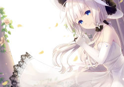 Rule 34 | 1girl, azur lane, bare shoulders, blue eyes, breasts, cleavage, dress, elbow gloves, gloves, hat, highres, illustrious (azur lane), lace, lace-trimmed dress, lace trim, long dress, long hair, looking at viewer, medium breasts, rysus, see-through, sleeveless, sleeveless dress, smile, solo, strapless, strapless dress, sun hat, tri tails, white dress, white gloves, white hair, white hat