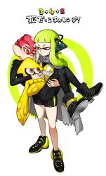 Rule 34 | 1boy, 1girl, agent 3 (splatoon), agent 8 (splatoon), ankle boots, anklet, bike shorts, black footwear, black jacket, black pants, black shorts, blunt bangs, blush, boots, brown eyes, cape, carrying, dated, green hair, grey cape, hat, headgear, inkling, inkling girl, inkling player character, jacket, jewelry, leather, leather jacket, leather pants, light frown, long hair, long sleeves, nintendo, octoling, octoling boy, octoling player character, own hands together, pants, princess carry, red hat, role reversal, short hair, shorts, single vertical stripe, splatoon (series), splatoon 2, splatoon 2: octo expansion, squid, squidbeak splatoon, standing, standing on one leg, tentacle hair, translation request, v-shaped eyebrows, vest, yellow vest, yeneny