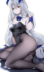 Rule 34 | 1girl, animal ears, arknights, bad id, bad pixiv id, bare shoulders, black leotard, blue bow, blue bowtie, bow, bowtie, breasts, chinese commentary, cleavage, commentary request, detached collar, fake animal ears, fake tail, grey pantyhose, hair between eyes, highres, leotard, long hair, looking at viewer, medium breasts, nakamura rohane, no shoes, pantyhose, playboy bunny, rabbit ears, rabbit tail, red eyes, silver hair, sitting, skadi (arknights), solo, strapless, strapless leotard, tail, thighs, very long hair, wrist cuffs