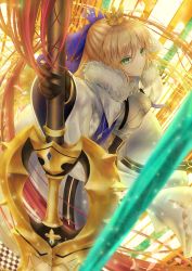 Rule 34 | 1girl, absurdres, ahoge, armor, armored dress, artoria caster (fate), artoria caster (third ascension) (fate), artoria pendragon (fate), blonde hair, breastplate, breasts, crown, dress, fate/grand order, fate (series), fur trim, gloves, green eyes, highres, holding, holding staff, huge filesize, long hair, long sleeves, looking at viewer, penguintake, staff, wide sleeves