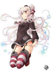 Rule 34 | 1girl, amatsukaze (kancolle), black panties, brown eyes, chize, choker, dress, garter straps, hair tubes, hat, kantai collection, mini hat, panties, panty pull, red thighhighs, sailor dress, short dress, silver hair, solo, striped clothes, striped thighhighs, thighhighs, two side up, underwear